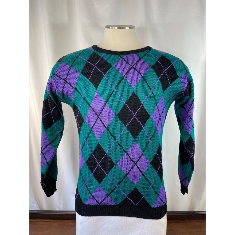 VTG Argyle 90's Sweater women's med  or men's Small Black Emerald Purple